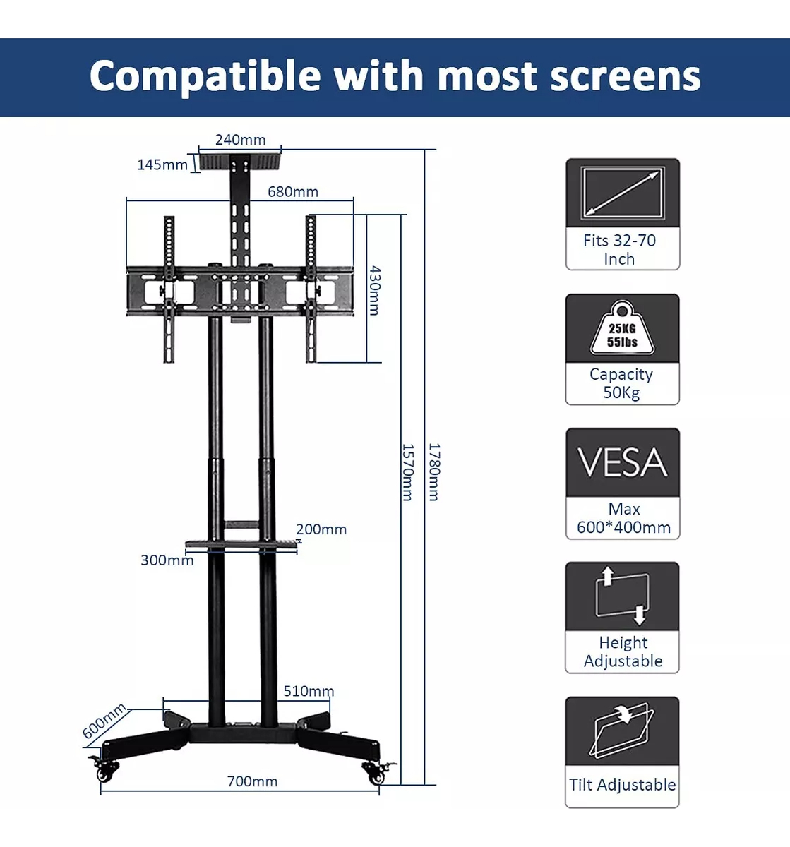 Soporte Tv Base Pedestal Rueda Televisores Móvil De 32 A 75 Pulgadas