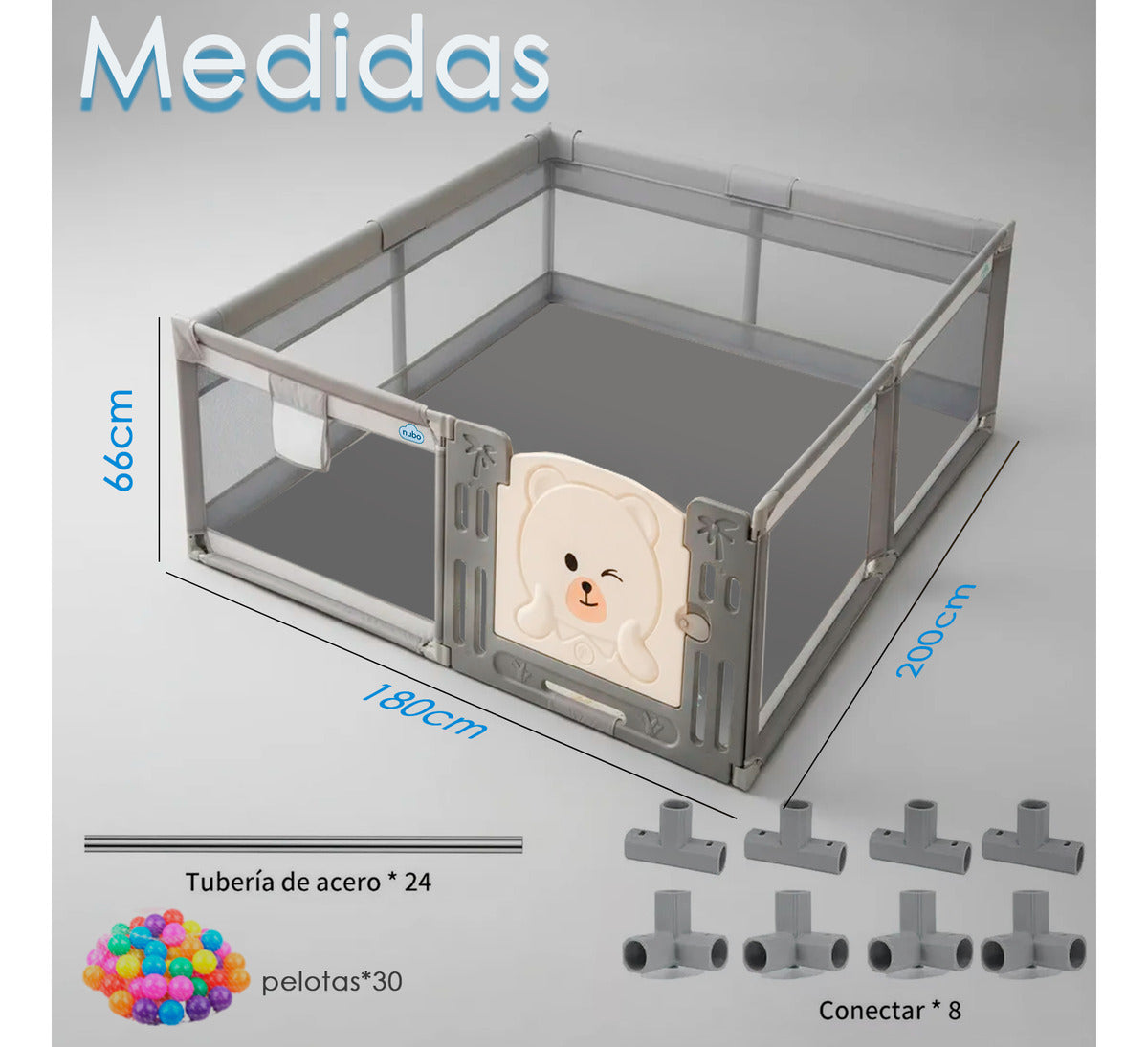 Corral Infantil Nubo Puerta Osito Malla Con Pelotas 180x200cm