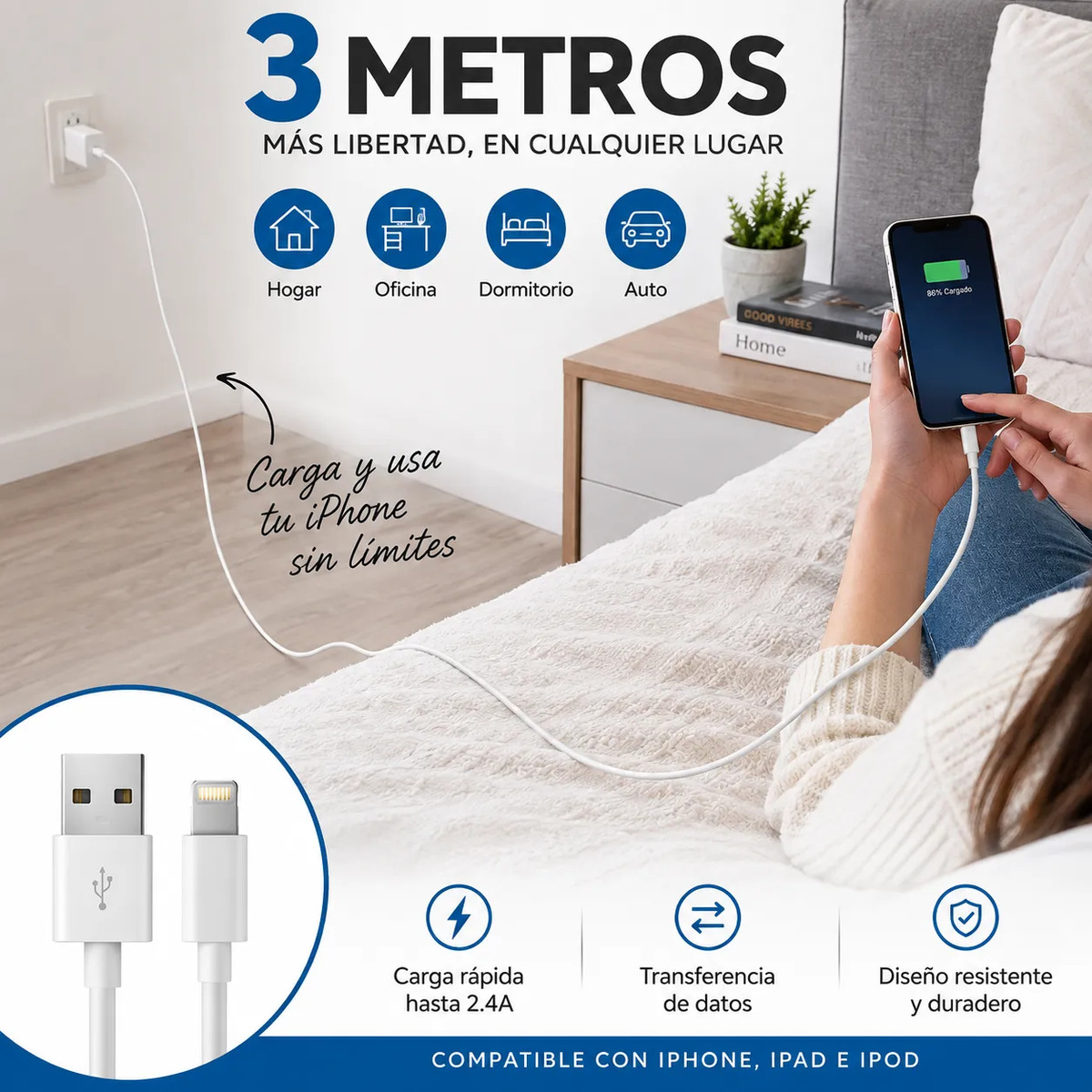 Cable De Carga Lightning Compatible Con iPhone 3 Metros
