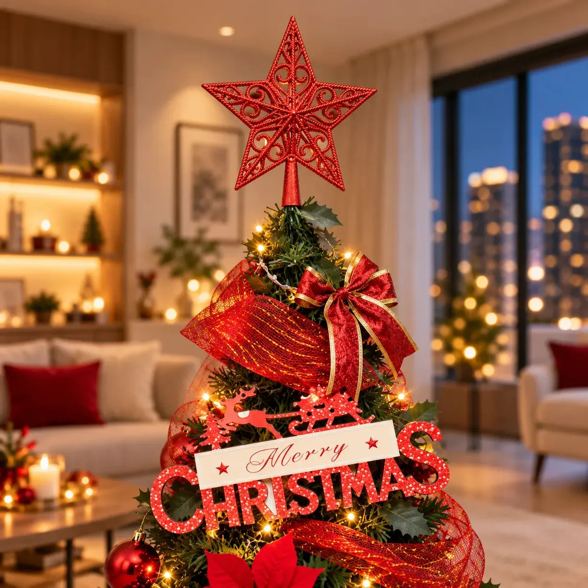 Arbol De Navidad Plegable 180cm Armado Facil Navideño Luces Rojo