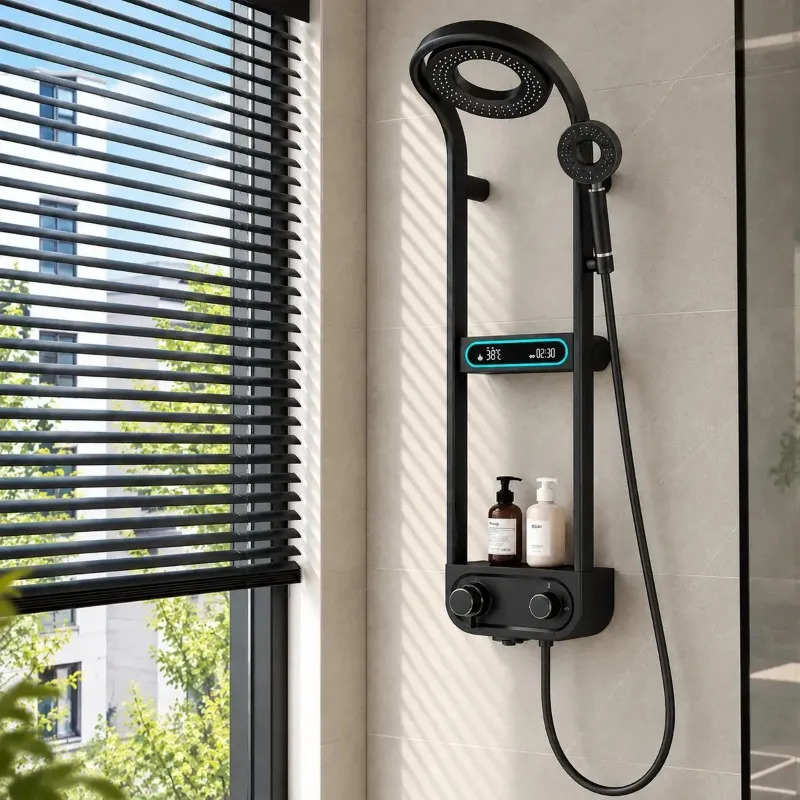 Columna Ducha Premium Circular Negro Con Control T° De Pared Hs195