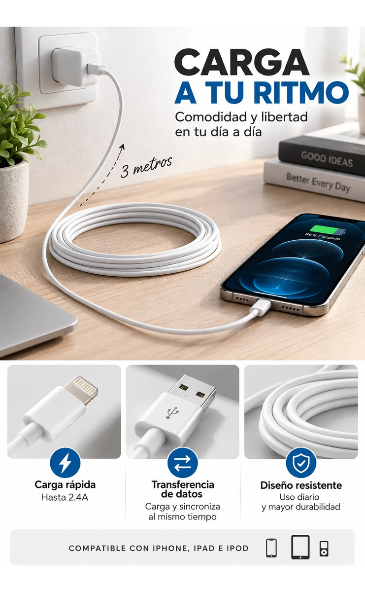 Cable De Carga Lightning Compatible Con iPhone 3 Metros