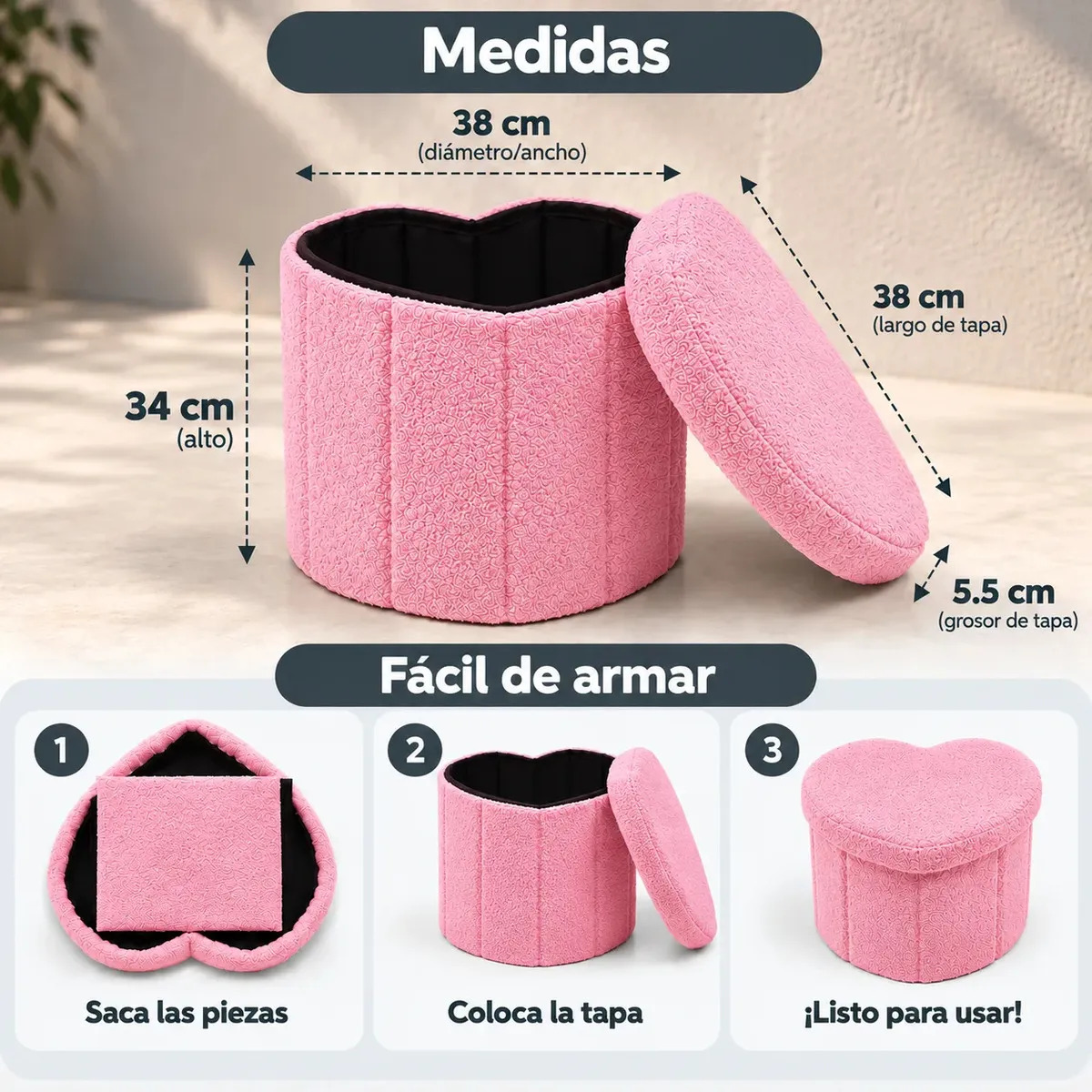 Puff Plegable Baul Organizador Tipo Corazon 38x38cm