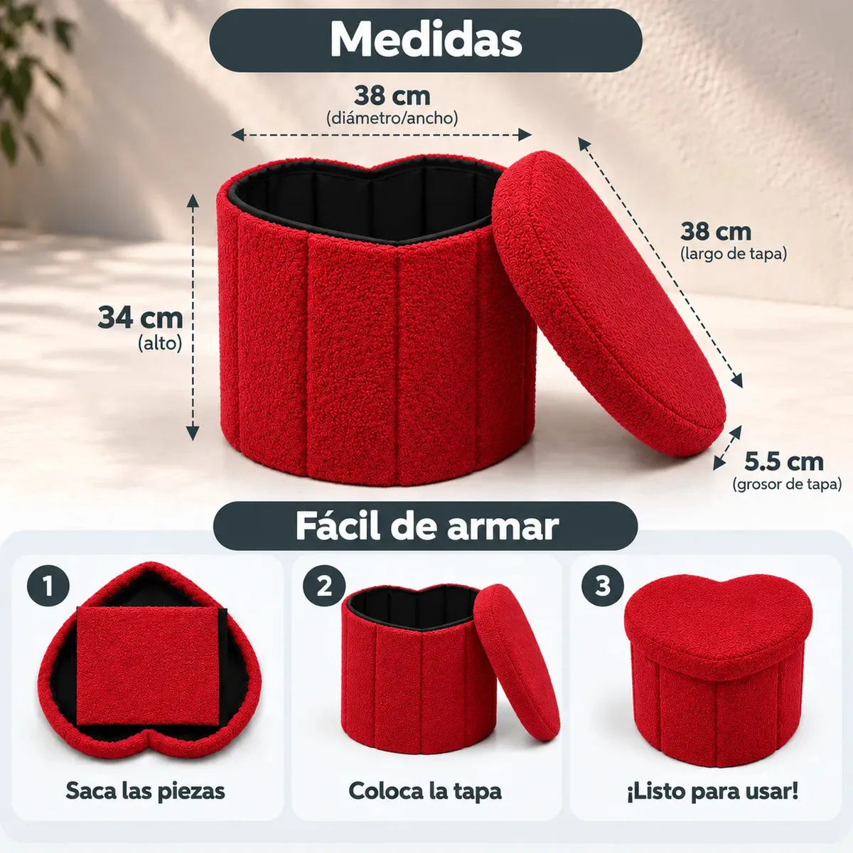 Puff Plegable Baul Organizador Tipo Corazon 38x38cm