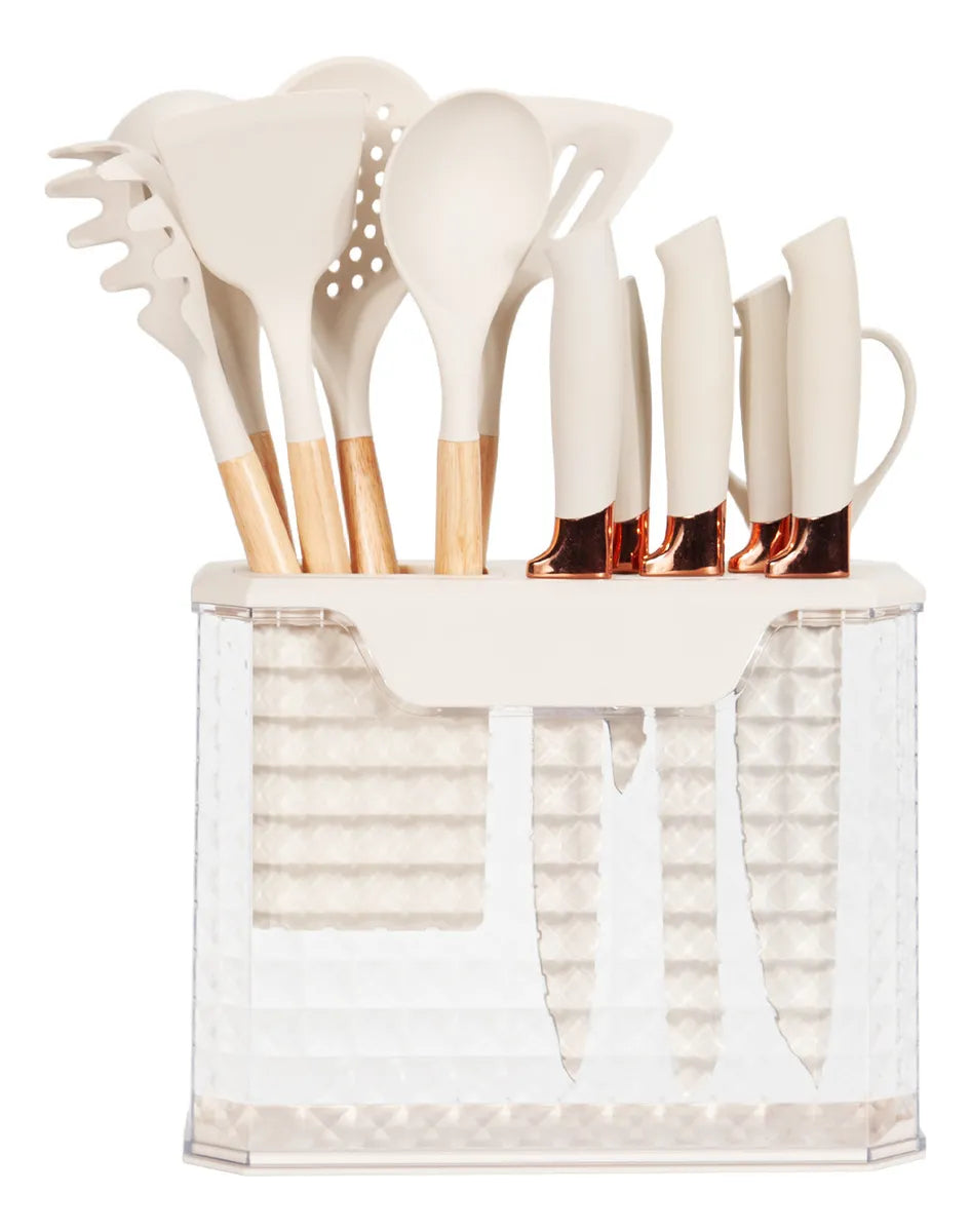 Set 16 Utensilios Cuchillos Cocina Acero Inox Silicona Beiti