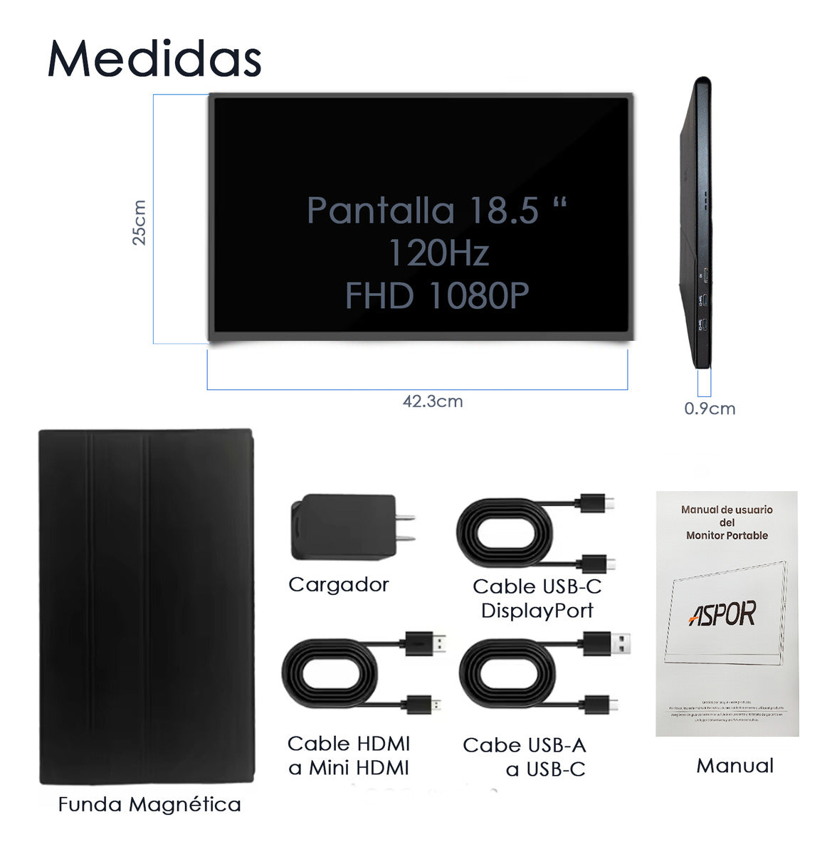 Monitor Portatil 18.5 Pulgadas 120hz Full Hd Con Parlante Y Case Negro