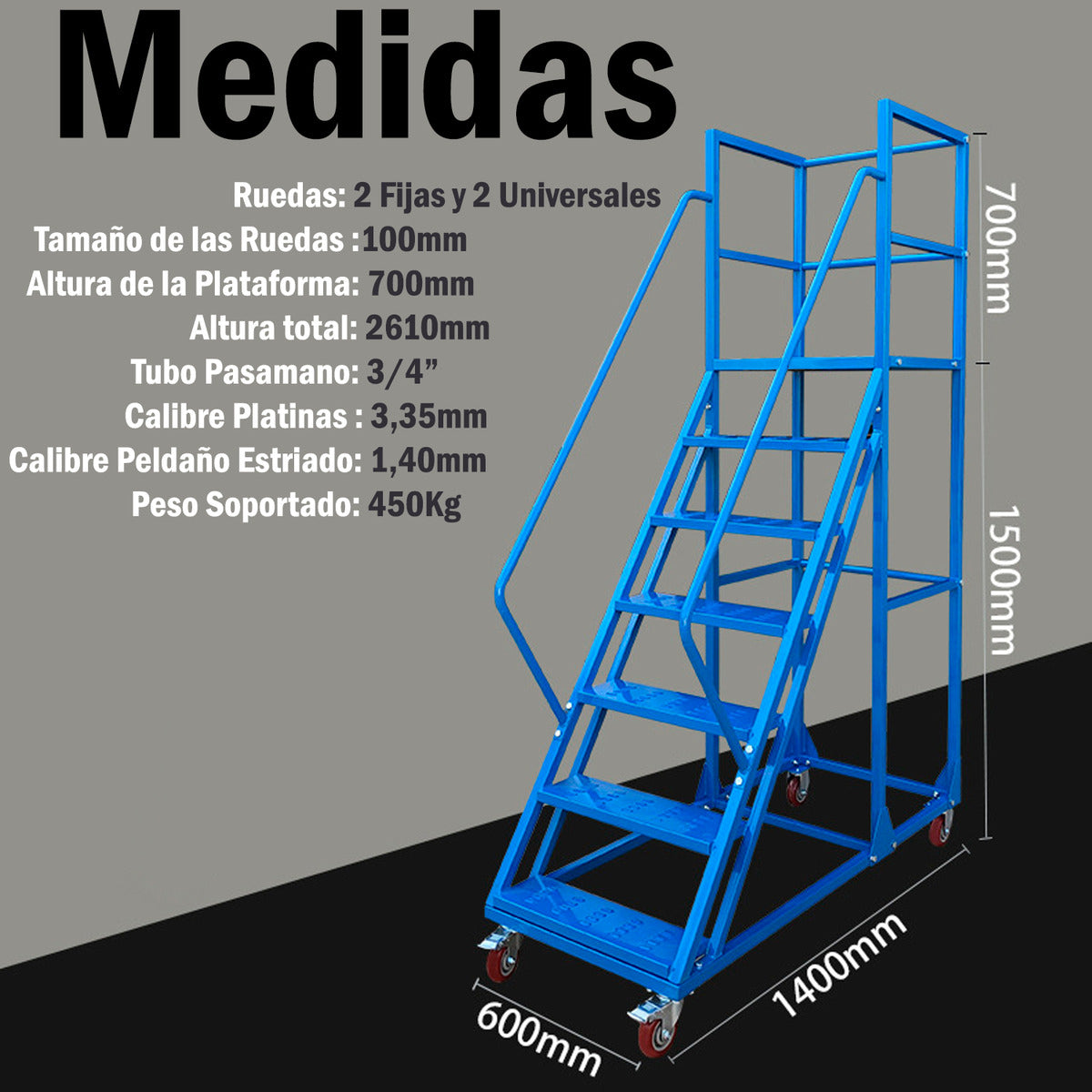 Escalera Industrial 6 Peldaños Tipo Avión Con Plataforma De 1,5m Soporta 450kg
