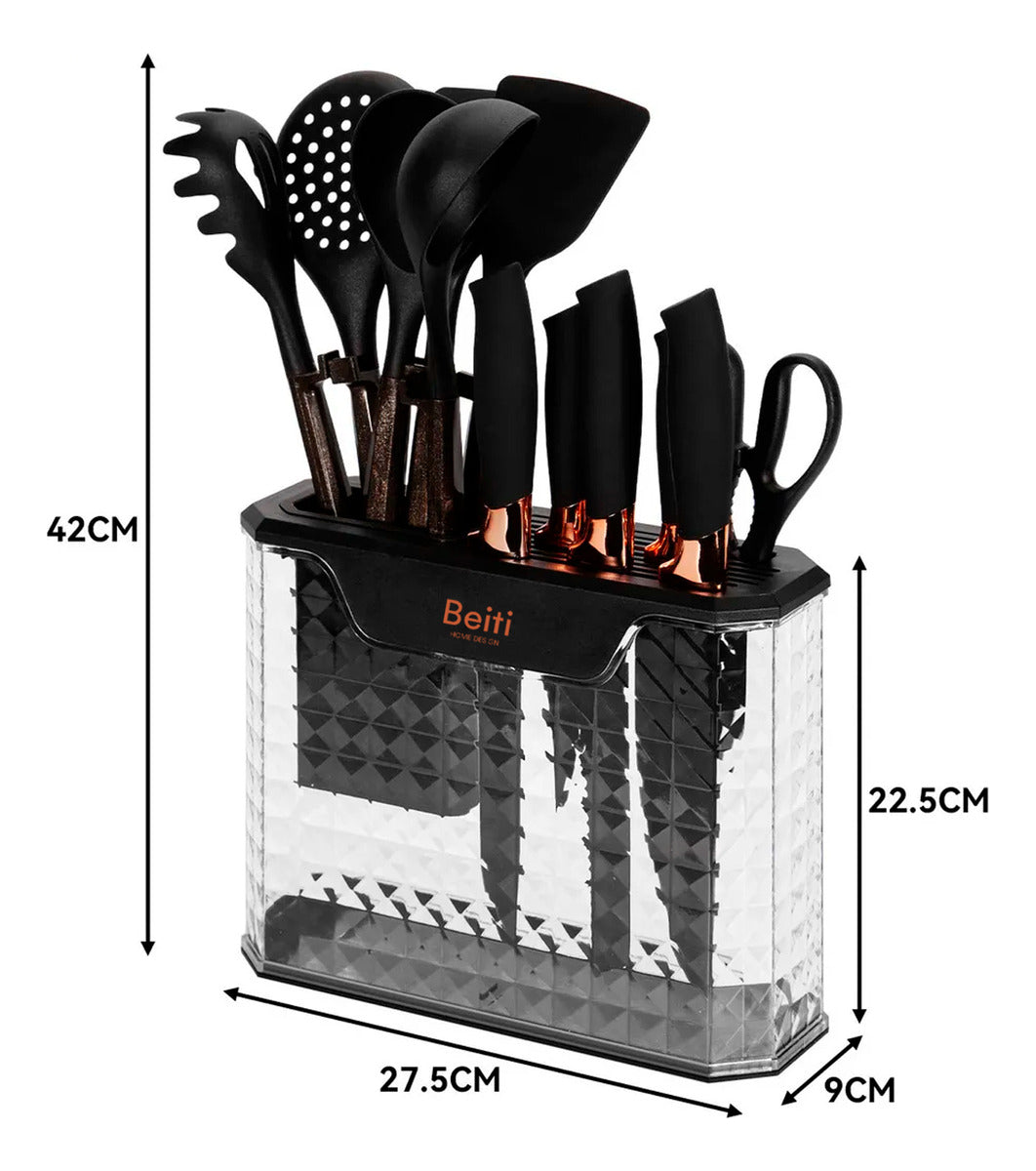 Set 16 Utensilios Cuchillos Cocina Acero Inox Silicona Beiti