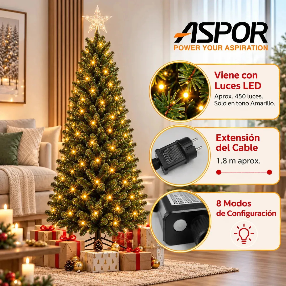Arbol De Navidad Artificial 210cm Verde Con Luces
