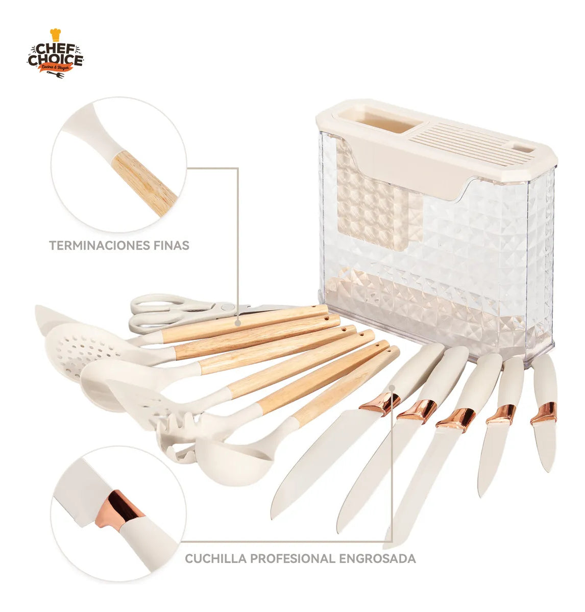 Set 16 Utensilios Cuchillos Cocina Acero Inox Silicona Beiti