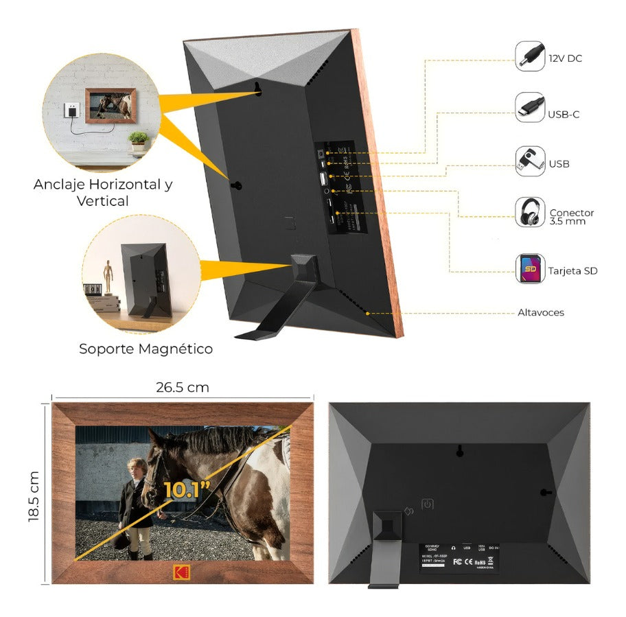 Marco Digital Kodak 10.1 Wifi Fotos Y Videos Ips De Madera