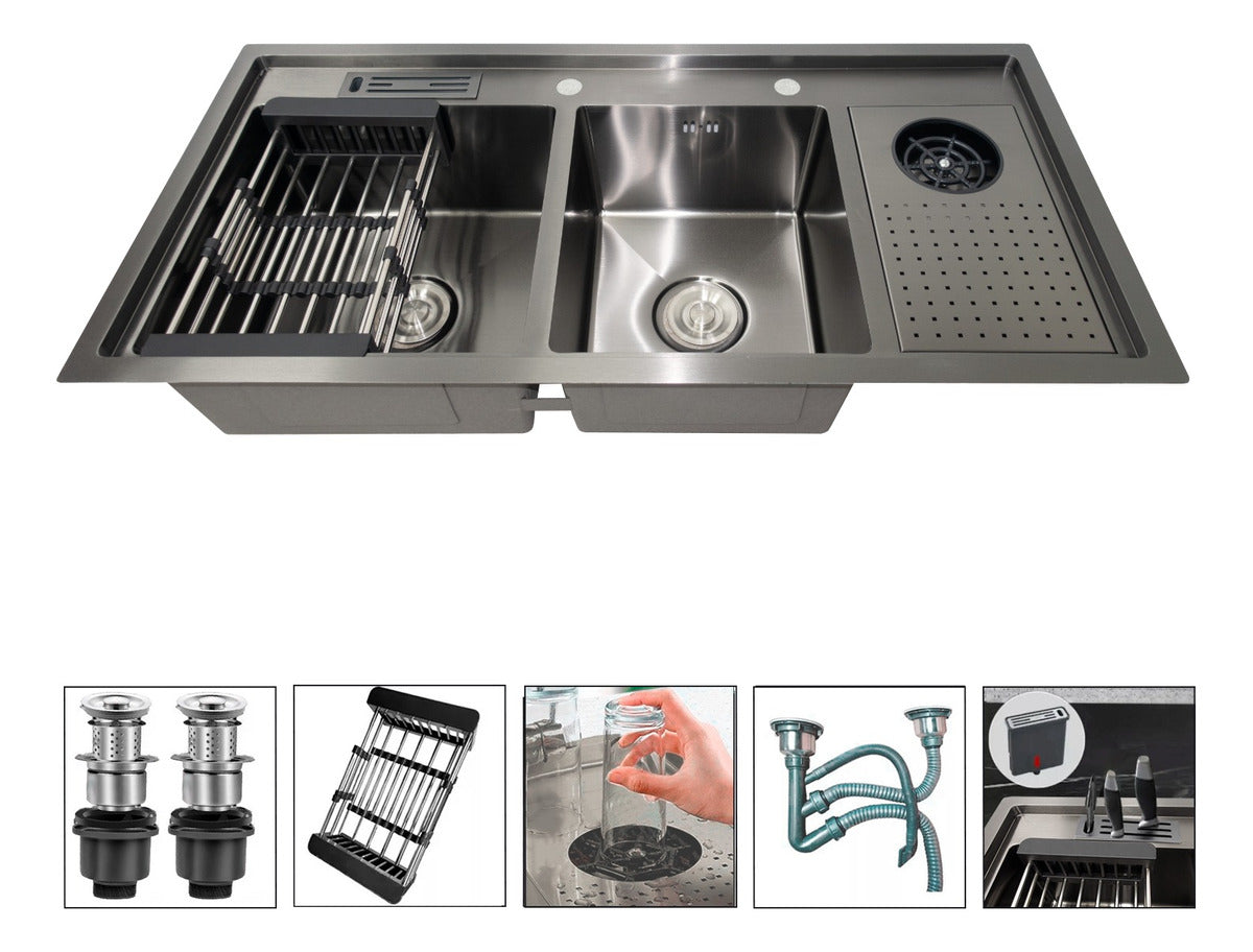 Lavaplatos Premium 100x48Cm Doble Con Lavavasos Y Escurridor