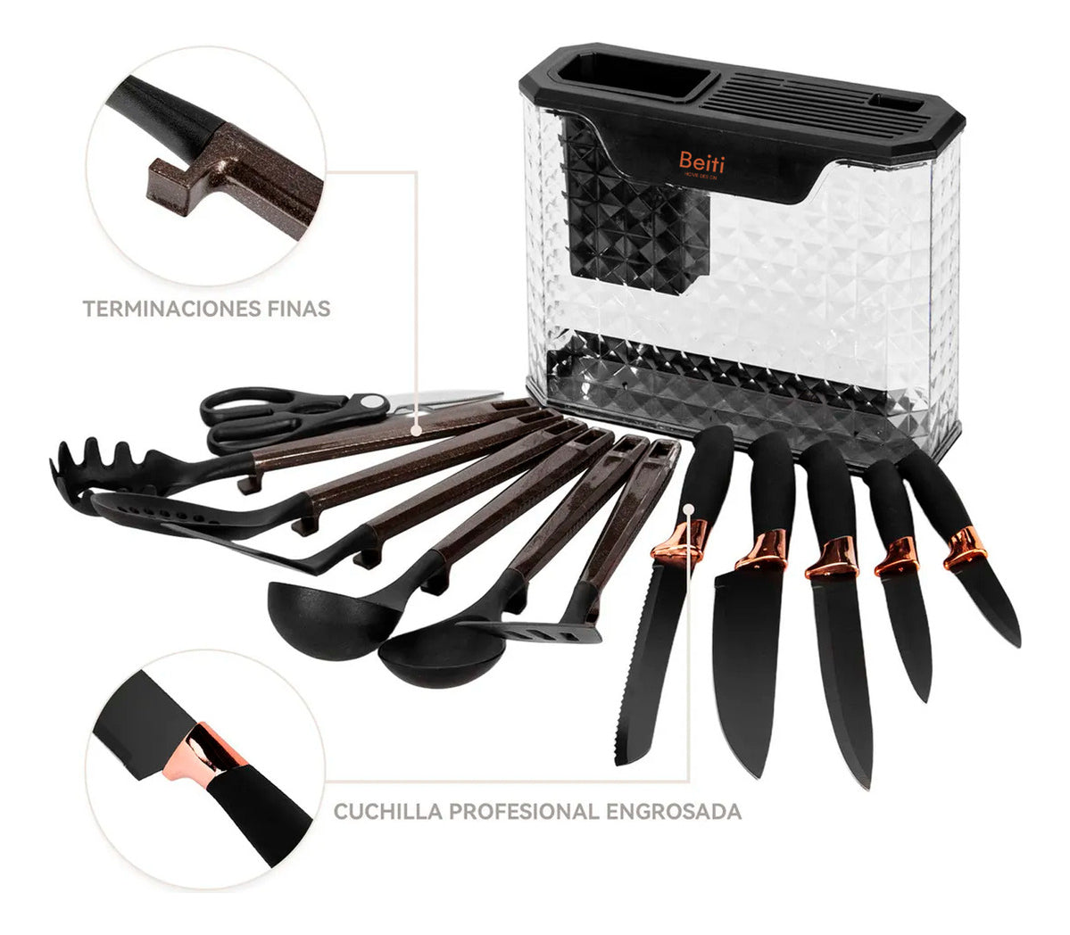 Set 16 Utensilios Cuchillos Cocina Acero Inox Silicona Beiti