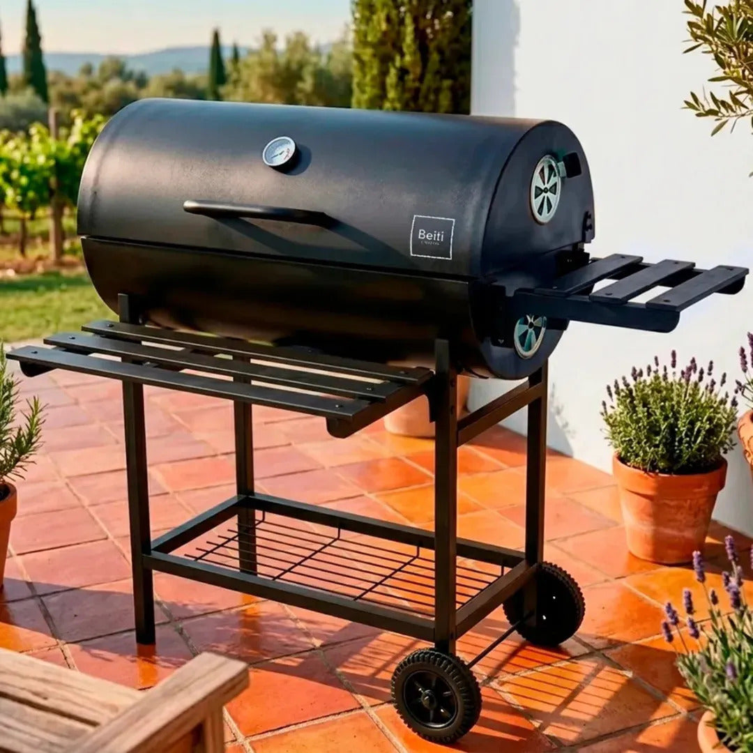 Parrilla Con Tapa A Carbon Asado Tipo Tambor Acero De 0.7mm Con Ruedas