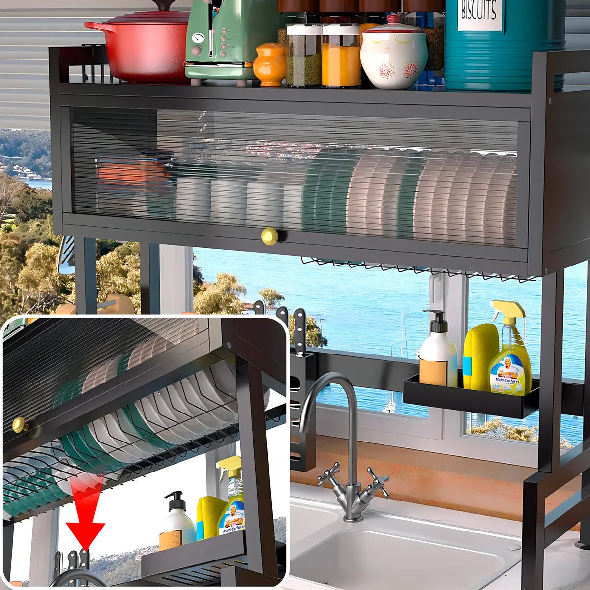 Escurridor Organizador De Platos Con Puerta Estante De 85cm Negro