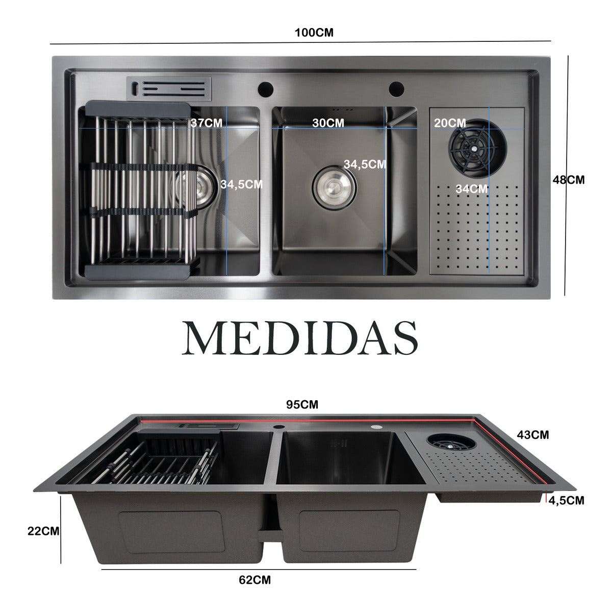Lavaplatos Premium 100x48Cm Doble Con Lavavasos Y Escurridor