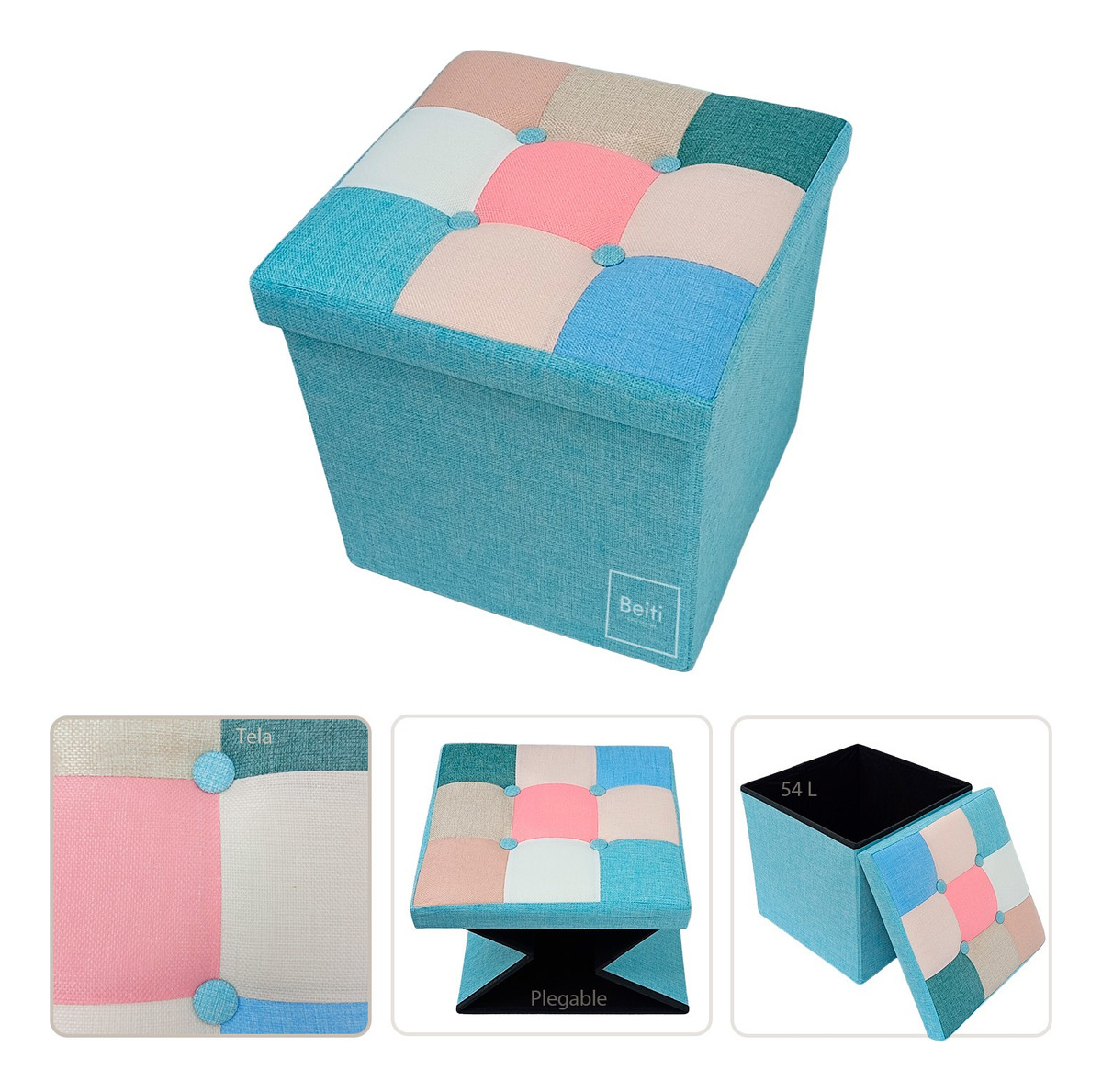 Puff Baúl Plegable Organizador38x38 Tela mix