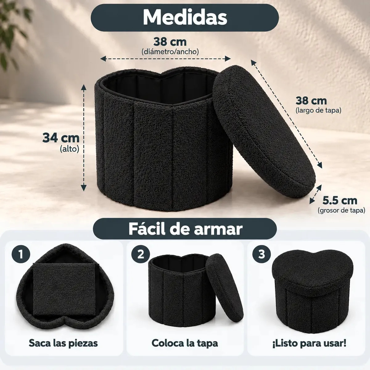 Puff Plegable Baul Organizador Tipo Corazon 38x38cm