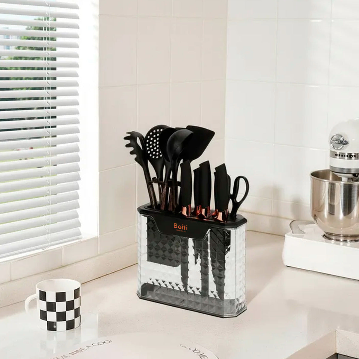 Set 16 Utensilios Cuchillos Cocina Acero Inox Silicona Beiti