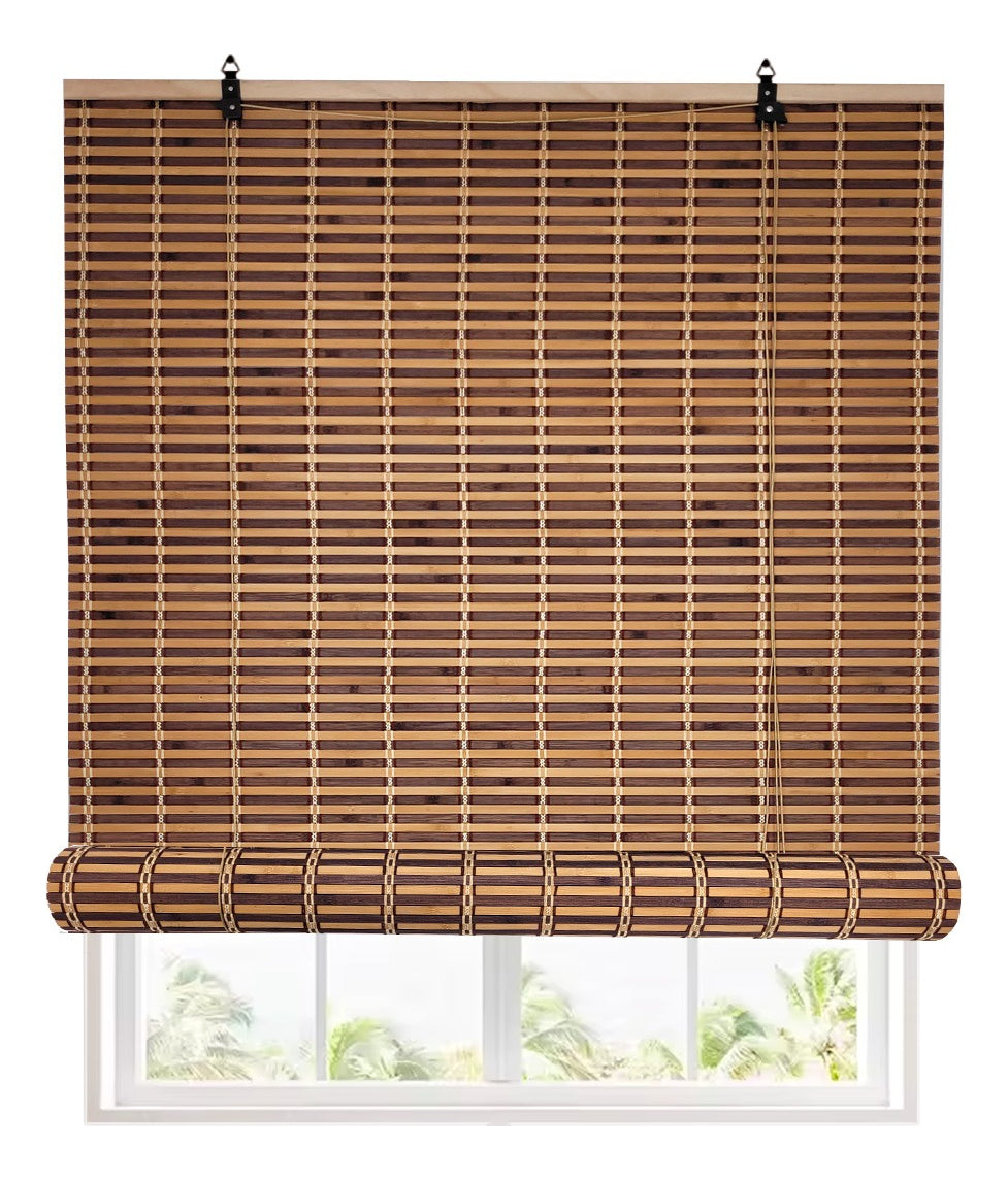 Cortina De Bambú Persiana Roller Bicolor 90x180cm Con Diseños