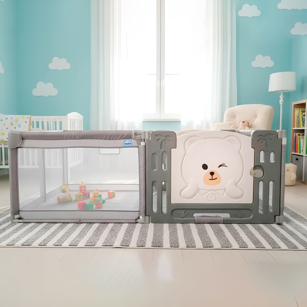 Corral Infantil Nubo Puerta De Oso Y Malla Oxford 120x180cm Gris Osos