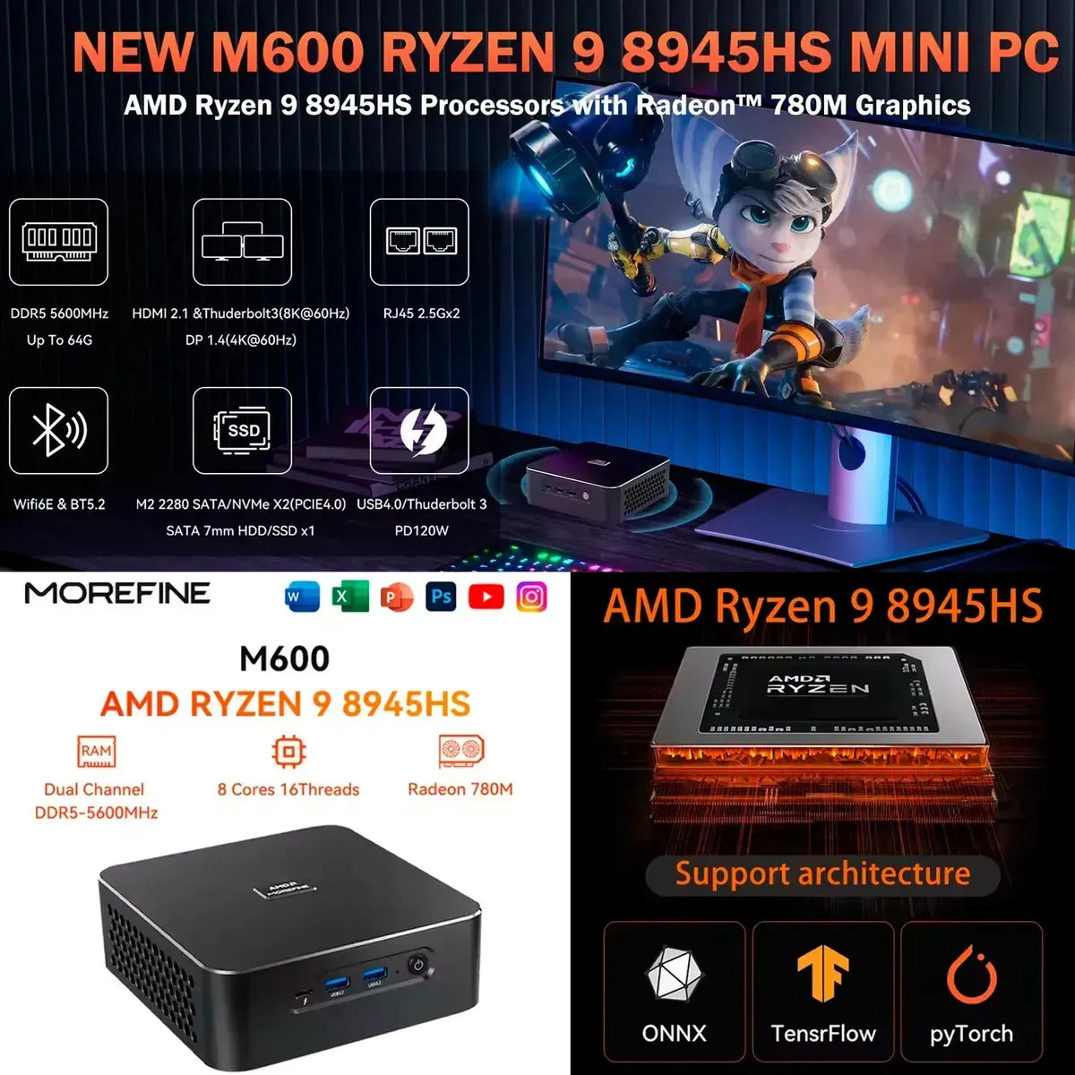 Mini PC MOREFINE M600 con AMD Ryzen 9, 32 GB RAM y 1 TB SSD para Gaming y Diseño