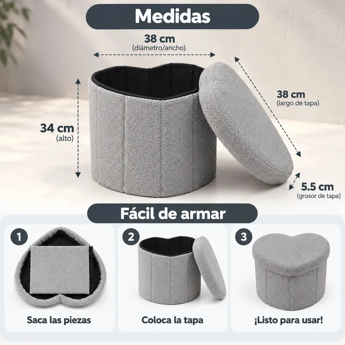 Puff Plegable Baul Organizador Tipo Corazon 38x38cm