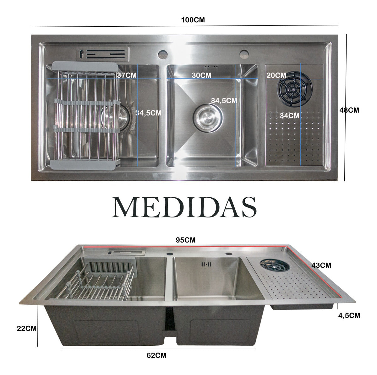 Lavaplatos Premium 100x48Cm Doble Con Lavavasos Y Escurridor