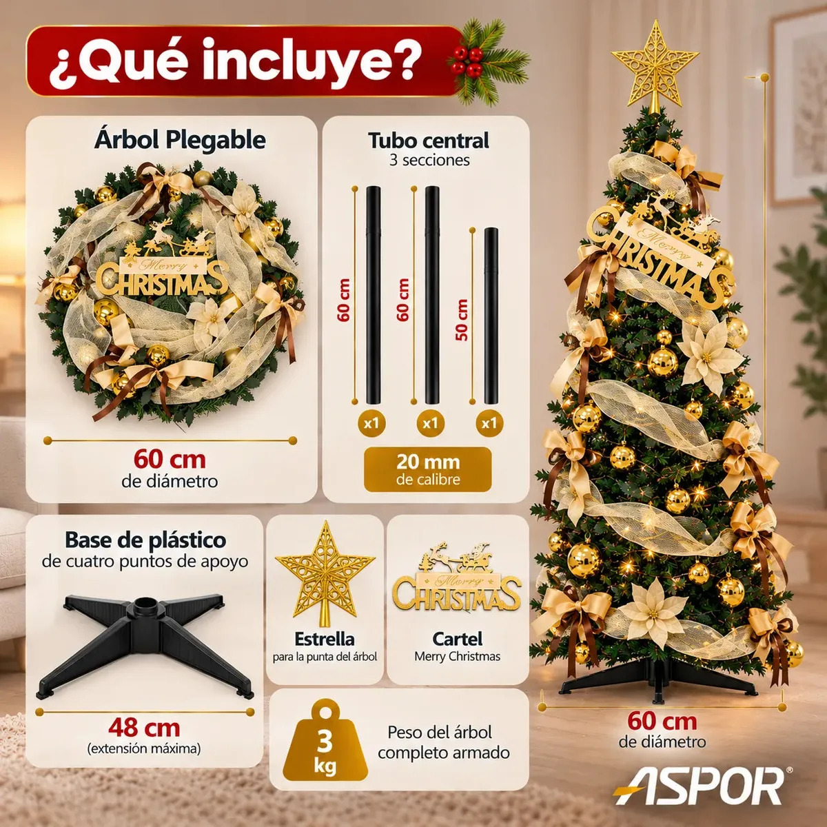 Arbol De Navidad Plegable 180cm Armado Facil Navideño Luces Dorado