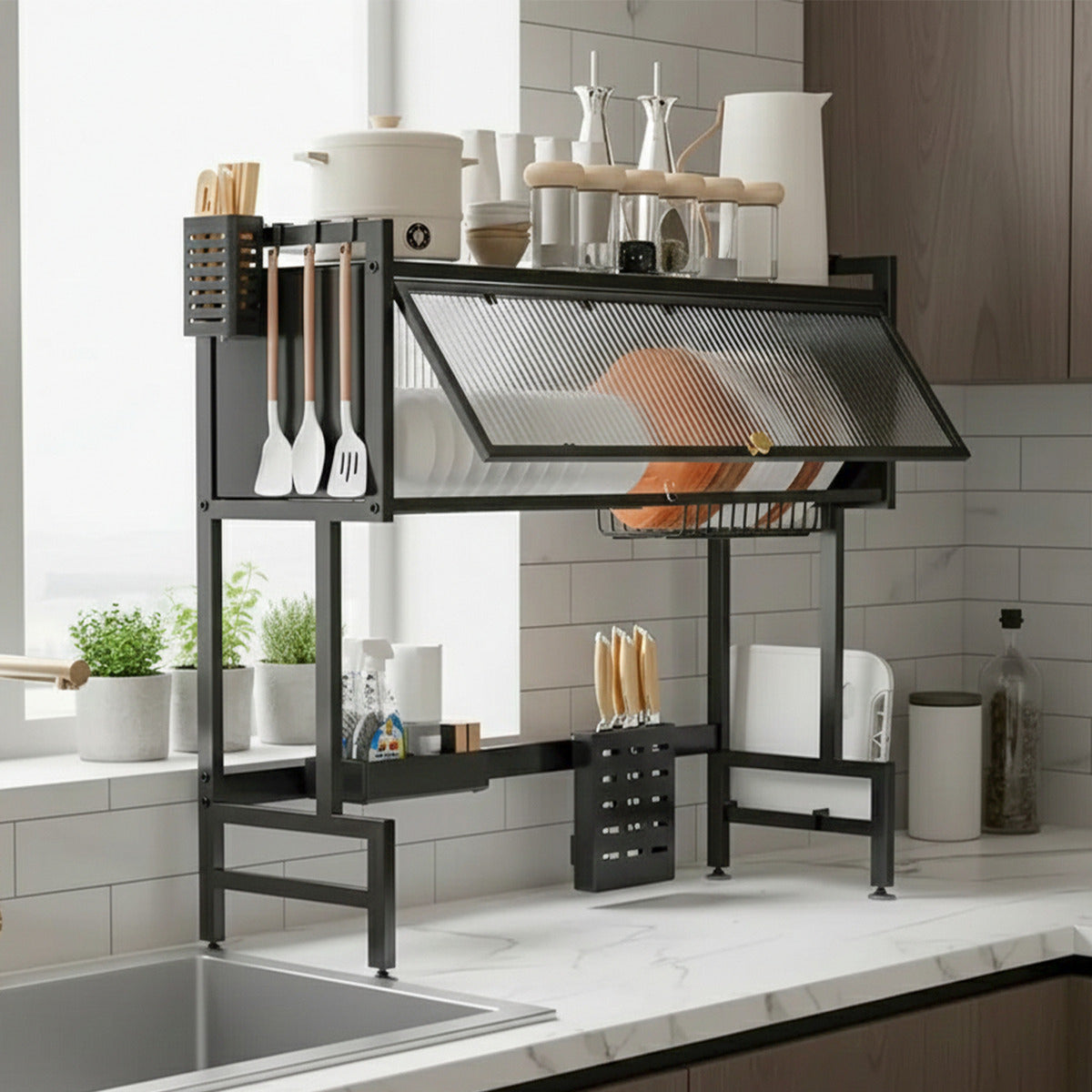 Escurridor Organizador De Platos Con Puerta Estante De 85cm Negro