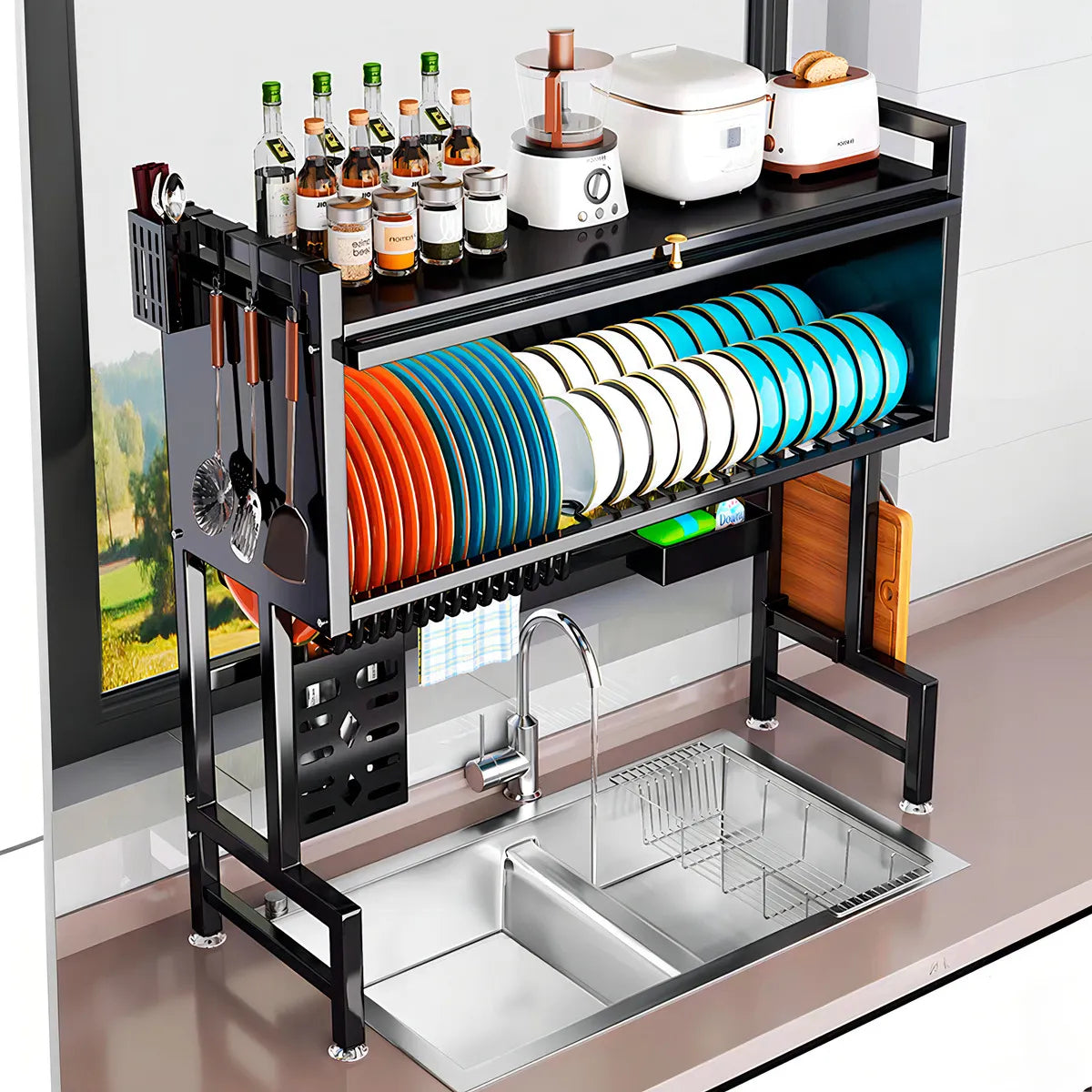 Escurridor Organizador De Platos Con Puerta Estante De 85cm Negro