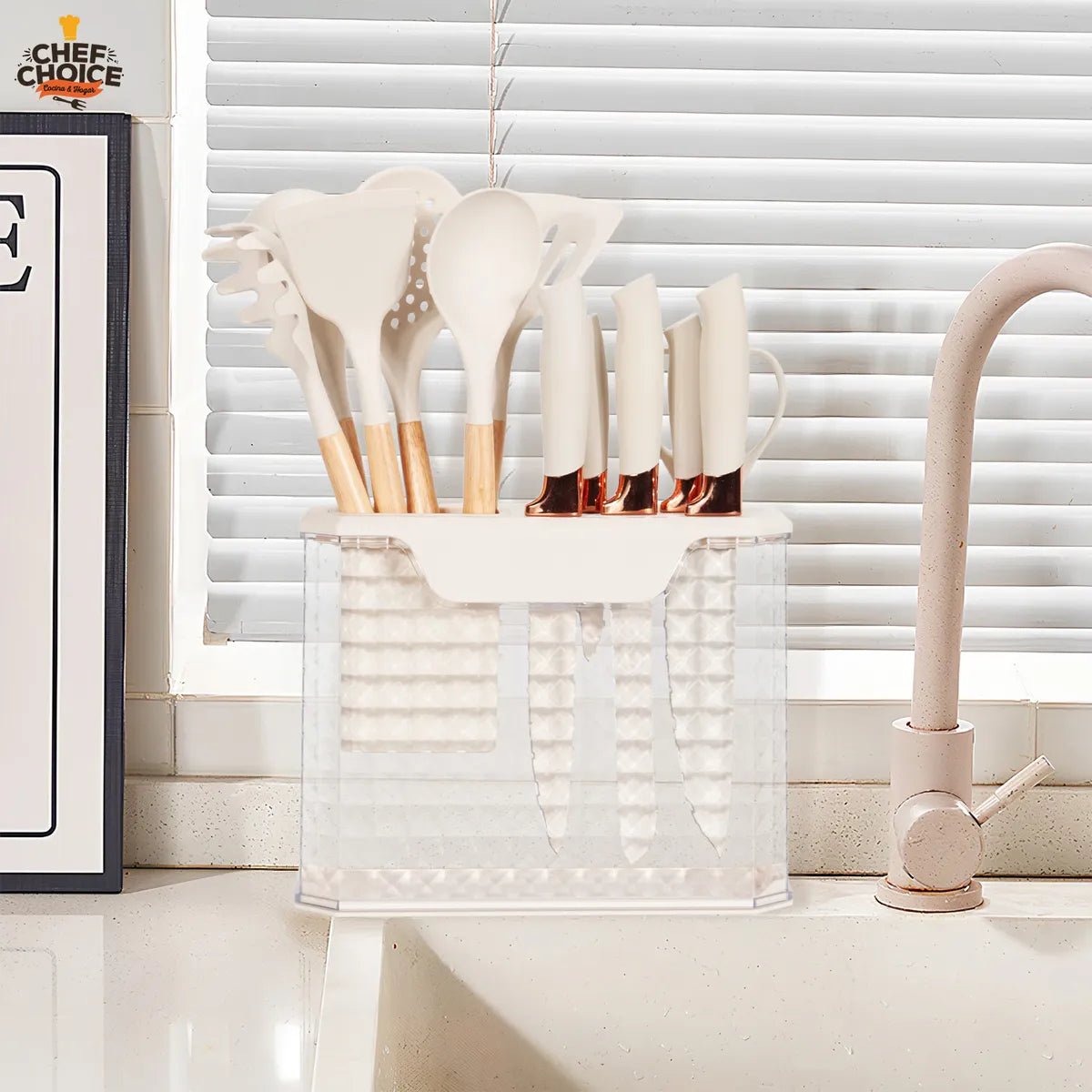 Set 16 Utensilios Cuchillos Cocina Acero Inox Silicona Beiti