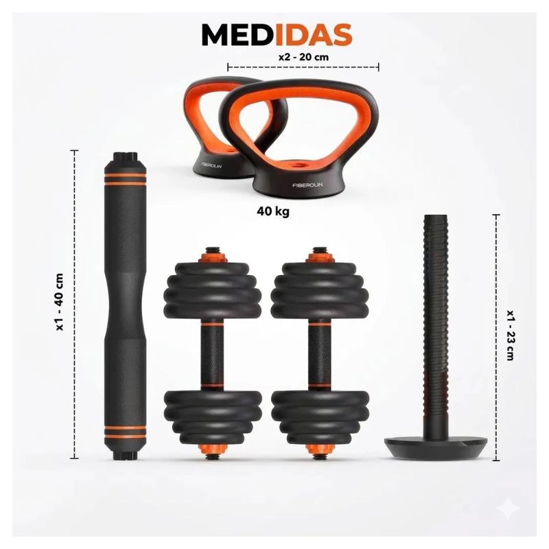 Set De Mancuernas De 40kg Con Kettlebell y Barra Profesional