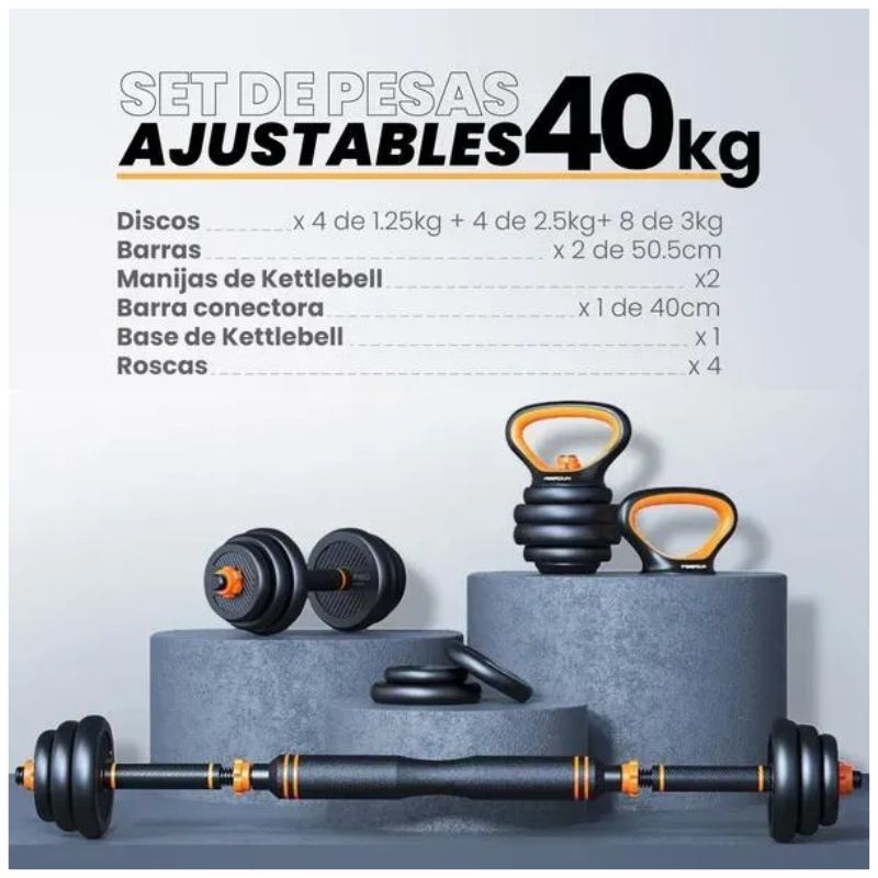 Set De Mancuernas De 40kg Con Kettlebell y Barra Profesional