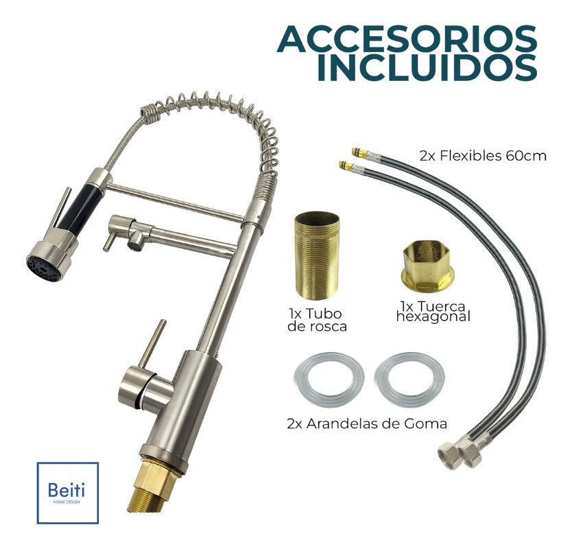 Llave Lavaplatos Grifo Monomando Extensible 2 En 1 Acero Inoxidable